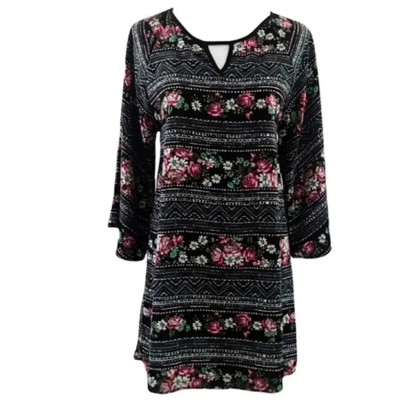 Paper Crane Black Floral Long Sleeve Racer Back Mini Shift Dress Size L - Picture 5 of 7